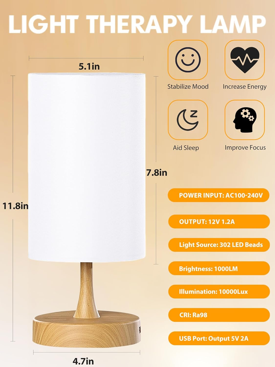 Light Therapy Lamp | 10000 Lux Daylight Lamp with 3 Color Temperatures